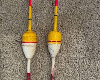 Pair of Vtg wooden fishing bobbers, yell/red/wht,  was $9, NOW $5