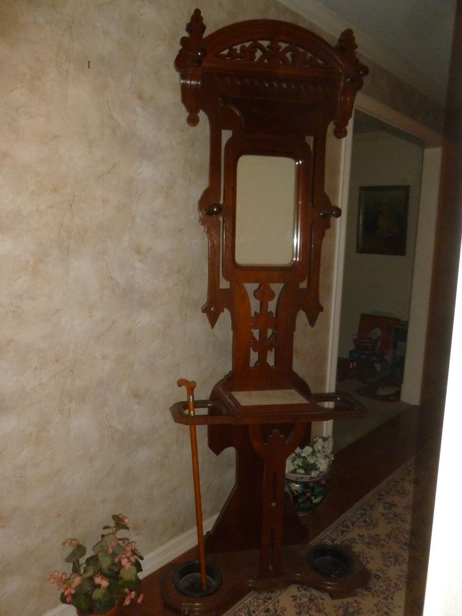 Beautiful Antique Hall Tree w/Marble Insert and original cast iron trays