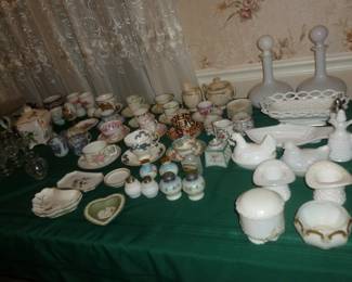 Misc..milk glass, cups & saucers, etc.