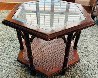 14	$90 	- NOW $45
Hexogonal table cane & wood 30Dx26Tx22H	