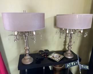 Beautiful Pair of Pink Circular Shade Table Lamps with Candelabra Bases and Crystal Accouterments and more