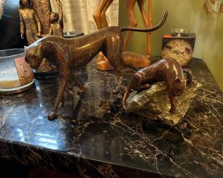 Beautiful Loet Vanderveen pieces entitled "Tiger on Bronze Rock" and "Cheetah Walking Bronze Sculpture"