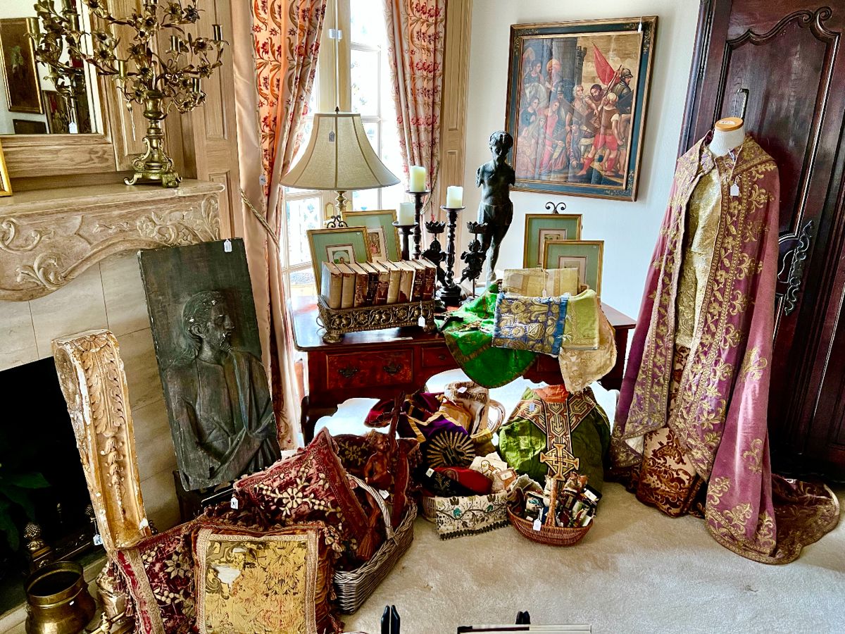Corner full of antique Santos relics, art, vestments, and more!
