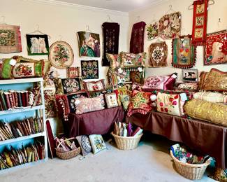 Upstairs room dedicated to these amazing designer made pillows, textiles, needlepoint, petit point, gimp, ribbon, tassels, and more!