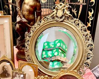 LARGE DAUPHIN LAMP, CHERUB ANTIQUE MIRROR, AND LOTS OF FRENCH ANTIQUE FRAMES.
