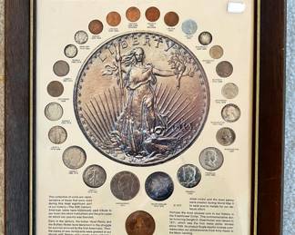 US 20TH CENTRY COINS FRAMED COLLECTION.  WALKING LIBERTY, SILVER DOLLAR, ETC.