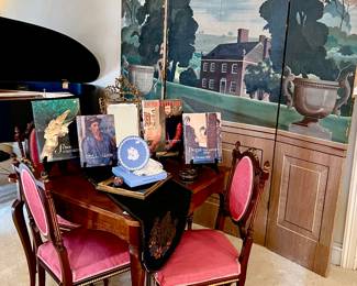 HAND PAINTED SCREEN.  TURN ANY ROOM AROUND WITH THIS BEAUTY.  PRIDE AND PREJUDICE CARD GAME!  FUN GAME TABLE WITH 4 CHAIRS.piano not for sale. 