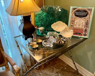 GLASS TOP BAMBOO TABLE GREAT FOR THE BAR AREA!  SEE THE FAUX MALACHITE NEIMAN MARCUS PLACE MATS.
