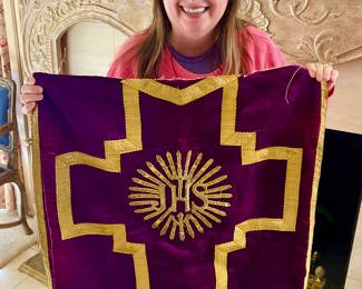STACIE WITH ONE OF THE MANY CHURCH VESTMENTS, CHAUSABLES, AND TEXTILES.