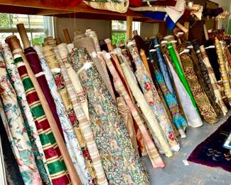 BOLTS AND BOLTS OF FABRIC!  SILKS, CHENILLE, DAMASK, JACQUARDS, BROCADE, VELVET, TAPESTRY, COTTON.  INSIDE AND IN GARAGE.