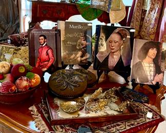 FRENCH COUNTRY COFFEE TABLE LOADED WITH MUSEUM ART BOOKS, BEADED STOOLS, AND MORE.