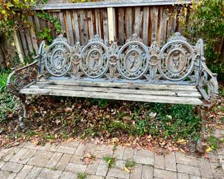 ANTIQUE CAST IRON FRENCH AGRICULTURE MEDALLION BENCH