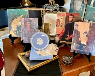 FULL OF ART BOOKS, ANTIQUE MIRROR, WEDGWOOD.