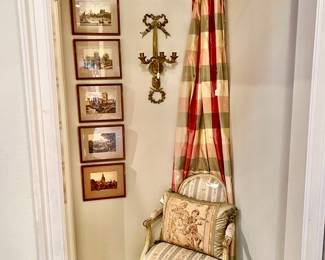 SWEET VIGNETTE.  SAMPLING OF THE FABRIC, ART, SCONCE, FRENCH CHAIR WITH PILLOW