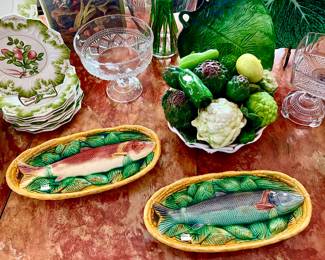 MAJOLICA FISH PLATES.  LOVE THE VEGETABLE BOWL.