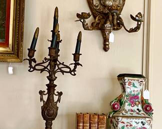 PAIR OF MANTLE CANDELABRAS, LION SCONCES, GINGER JARS, AND ANTIQUARIAN BOOKS.