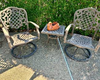 CAST ALUMINUM SWIVEL CHAIRS WITH TABLE...COULD ALSO BE ADDED TO OUTDOOR PATIO TABLE.