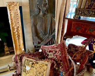 LARGE SANTOS WALL ART, PILLOWS MADE WITH ANTIQUE TEXTILES.  THEY ARE AMAZING!