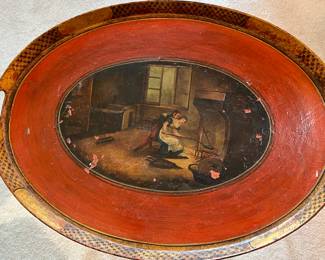 Antique French tray table with beautiful painting.