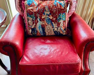 BERNHARDT LEATHER CHAIR WITH NEEDLEPOINT PILLOW