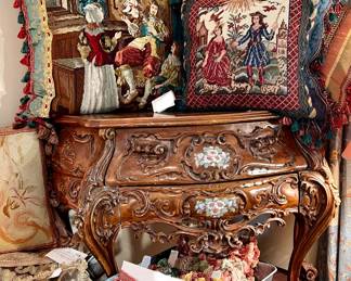 FRENCH PAINTED COMMODE.  LARGE PILLOWS-NEEDLEPOINT, PETITPOINT.  AMAZING!