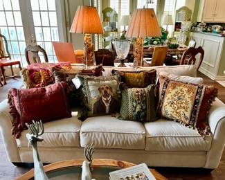 SOFA LOADED WITH AMAZING HANDMADE DESIGNER PILLOWS!