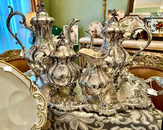 INTRICATE SILVER TEA SET, TRAY, AND LIMOGES PLATTER.