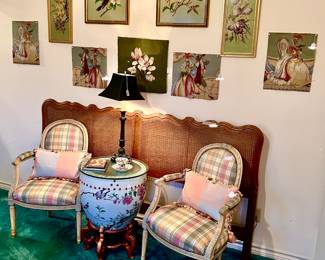 FISH BOWL, FRENCH ARM CHAIRS, AND KING CANED HEADBOARD.  MORE AWESOME NEEDLEPOINT.