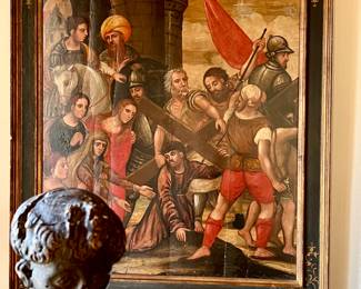 antique oil on board of Christ on the Via de la rosa.