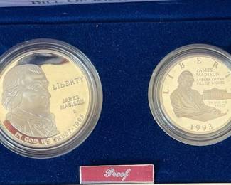 Lot 22. 1993 U.S. Mint of Rights 2-coin set:  90% silver 26.730 gr. dollar coin and 90% silver 12.500 gr. half dollar coin