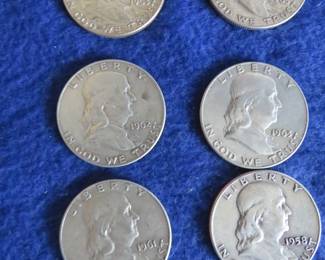 Lot 101. Six Franklin Silver Half Dollar Coins