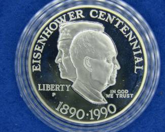 Lot 51. 1990 US Eisenhower Centennial Silver Dollar Proof Containing 26.730 gr. of 90% Silver with a COA and a velvet display box