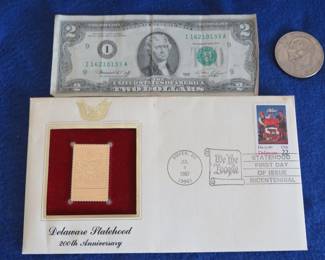 Lot 120. Series 1976 $2 bill 1972 Eisenhower Dollar First Day of Issue Delaware Statehood 200th Anniversary S