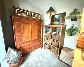 Wardrobe - Wood & Rattan Shelving Unit with Wicker Baskets - Art - Lamp ..