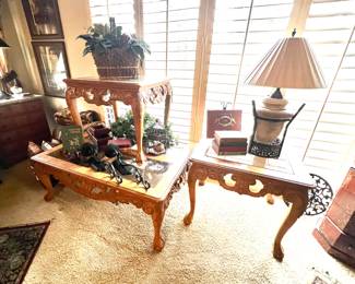 Wood & Glass Coffee Table & 2 End Tables - Lamp - Silks - Books…