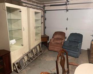 Chairs, Ladder & Display Cabinets