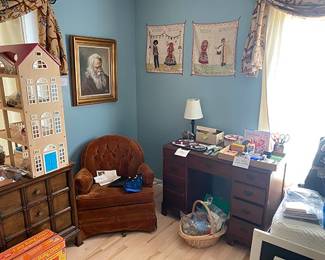 Desk, Oil Painting, Chair & Household Items