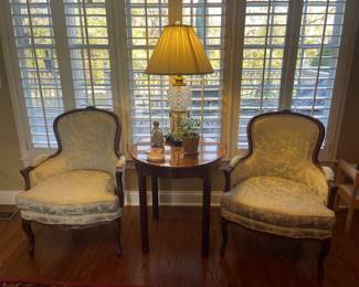 NOTE:  Table in between these chairs is not for sale.  Pair of Beautiful damask side chairs 