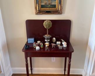 Flip top tea table/game table.  I love how these serve so many purposes.  Measures 30x15x30.   Nice selection of wedgewood, Lenox, Limoges and pill boxes.  