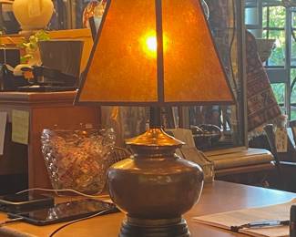 Craftsman style lamp, mica shade on a vintage hammered copper base