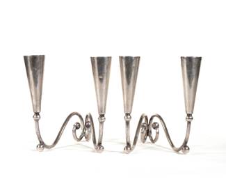 (2pc) PAIR "J.R." STERLING CANDLESTICKS | Hand-wrought scroll-form supports with two tapering candle holders, signed in the candle holder; 27.5 ozt. - l. 8 x w. 6 x h. 6.5 in.

