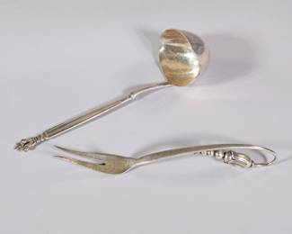 (2pc) DANISH STERLING SERVING UTENSILS | Including a George Jensen ladle in the acorn pattern, and G Mogensen "Lily of the valley" patterned tong - l. 10.5 in. (longest)
