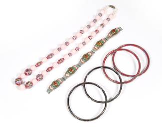 (6pc) CLOISONNE & OTHER JEWELRY | Including a set of four Chinese cloisonne bangle bracelets (dia, 3 in.), two with red ground and two with black, a Chinese pink peking glass necklace with decorated beads (l. 21 in.), and a micromosaic bracelet stamped "ITALY"
