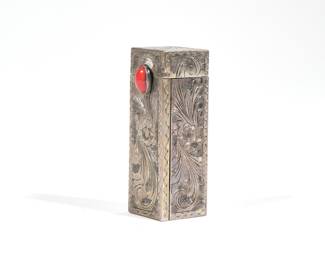 ENGRAVED SILVER & CORAL COMPACT | 800 silver lipstick compact with engraved decoration, sliding lipstick tube with a spring-loaded folding mirror; 0.75 ozt
