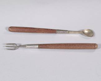 (2pc) BRUTALIST STERLING SERVERS | Sterling silver ends with wooden handles - l. 9.5 in.

