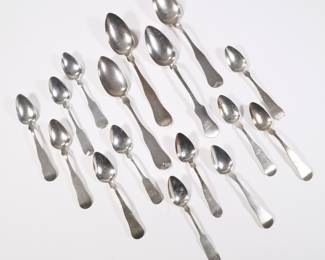 LARGE ASSORTMENT COIN SILVER | Coin silver flatware, including serving spoons: J. B. Hill, H. L. Dole & Co., R. D. Dun--; plus teaspoons: S. N. Story, H. T. Green, O. H. Baker, one marked with CO and an anchor, A. Sawyer; McKay, Spear, and Brown 
total weight 11.3 ozt, l. 9 in. (serving spoon)
