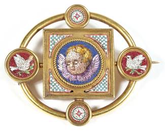 ANTIQUE GOLD MICROMOSAIC PIN | Designed as a central square gold frame mounting a micromosaic winged putti in tondo within an oval gold border with four stations of micromosaic decorations of birds and rosettes; both the back and pin marked with crossed keys. 17.7g, l. 2 in.
