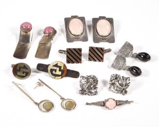 STERLING EARRINGS & CUFFLINKS | Including a pair of Georg Jensen-style flower earrings, a pair of rose quartz cabochom earrings (l. 1.75 in.), a pair of pink stone drop earrings (one with bent post), a pink round cabochon pin, a pair of carved wood or stone drop earrings, earrings with mother of pearl, a pair of Mexican sterling two-tone cufflinks "RBZ" or "RAZ", and a Mexican clip with single matching cufflink; all together 3.84 ozt. 
