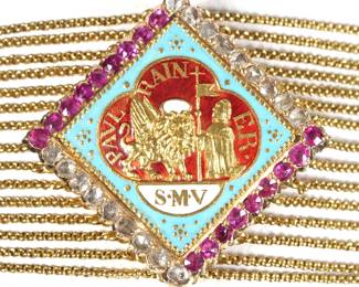 ANTIQUE VENETIAN ENAMEL, RUBY & DIAMOND & GOLD BRACELET | Designed as a square medallion enamel decorated with the crest of "S.M.V. PAUL RAIN ER" (Paolo Renier, 1710-1789, second-to-last doge of Venice) within a border of alternating lines of rose cut rubies and diamonds, suspended from 15 fine link chains terminating in an impressive gold filigree clasp
25.2g
