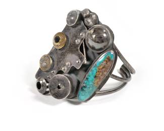 SUN BOY TURQUOISE & STERLING BANGLE BRACELET | Terrence Hunt Navajo sterling silver and turquoise art bracelets.
